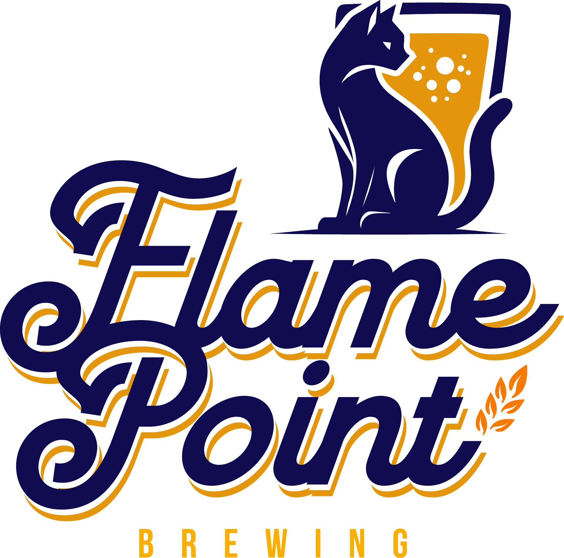 Flame Point Brewing logo, a hand-drawn image of a flame point siamese cat with the brewery name scrawled on the outside